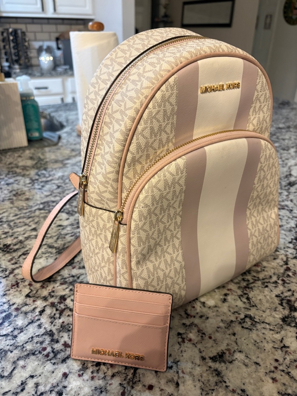 Michael Kors Pink and Cream Signature Stripe Mini Backpack with Cardholder